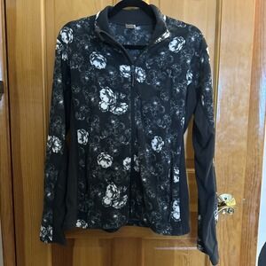 Kari Traa Women L Black Fleece Zip Up Sweater, Floral Pattern